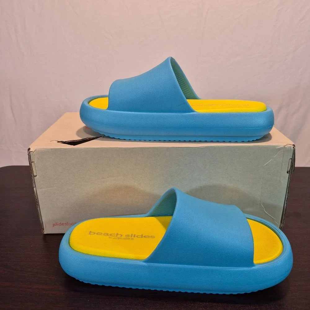 New In Box Beach Slides By J/Slides Blue/Yellow Eva Squish S-8 Chunky Minimalist